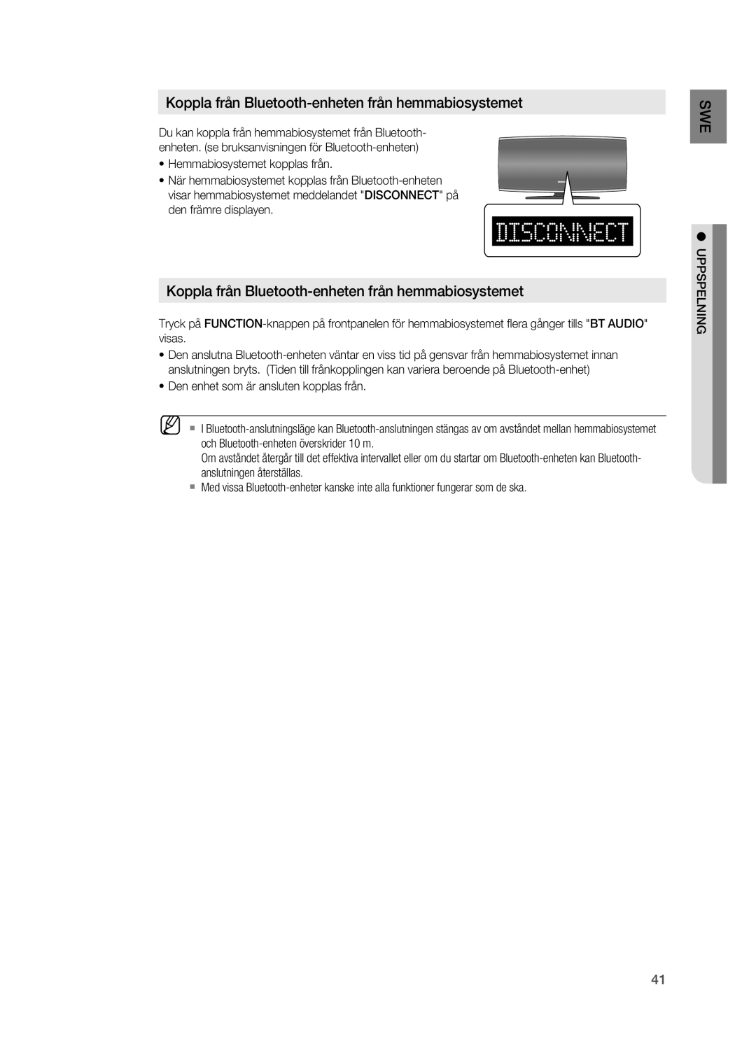 Samsung HT-X625T/XEE manual Koppla från Bluetooth-enheten från hemmabiosystemet, Uppspelning 