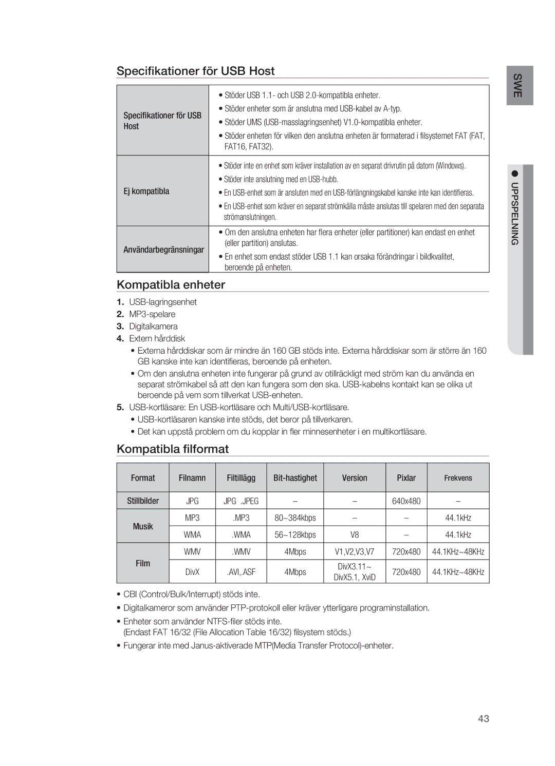 Samsung HT-X625T/XEE manual Specifikationer för USB Host, Kompatibla enheter, Kompatibla filformat 