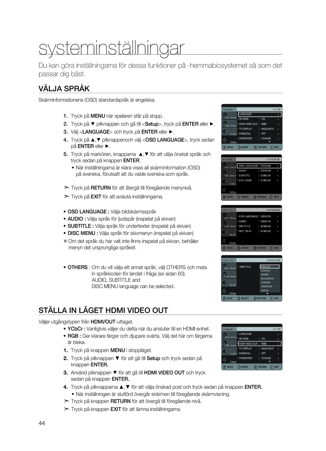 Samsung HT-X625T/XEE manual Systeminställningar, Välja språk, Ställa in Läget Hdmi Video OUT 