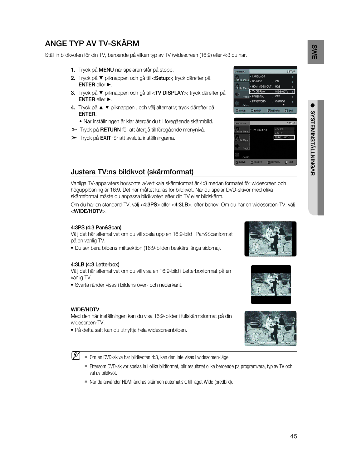 Samsung HT-X625T/XEE manual Ange typ av TV-skärm, Justera TVns bildkvot skärmformat, Wide/Hdtv 