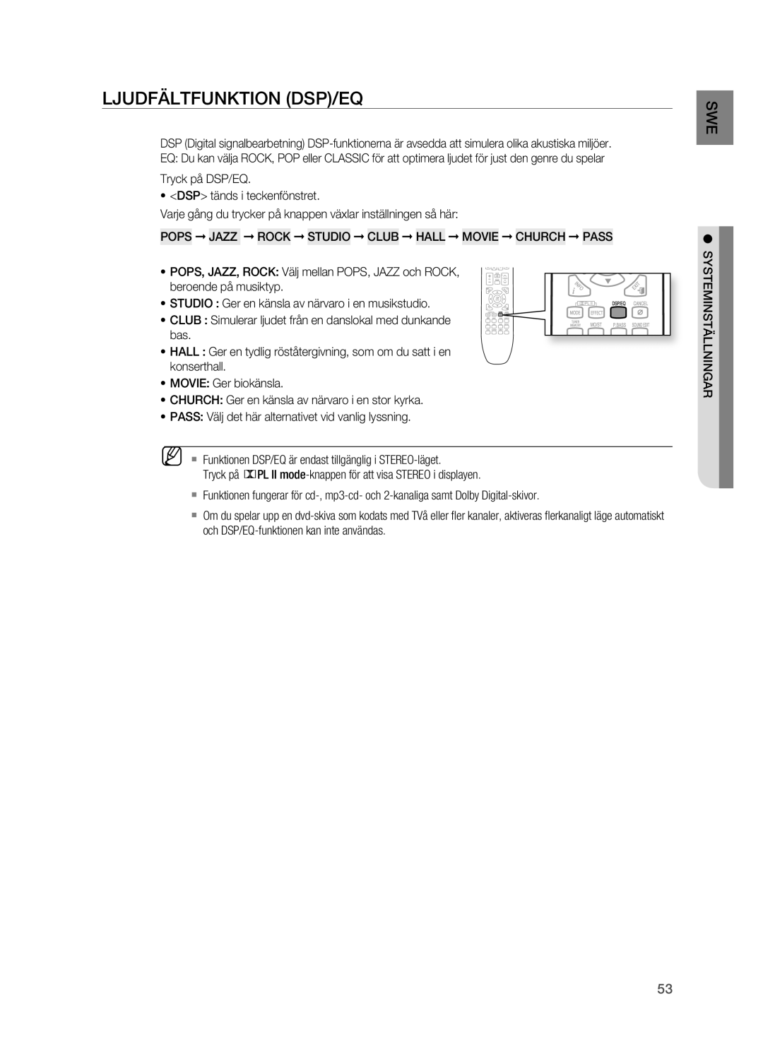 Samsung HT-X625T/XEE manual LjUDFäLTFUNKTION DSP/EQ 