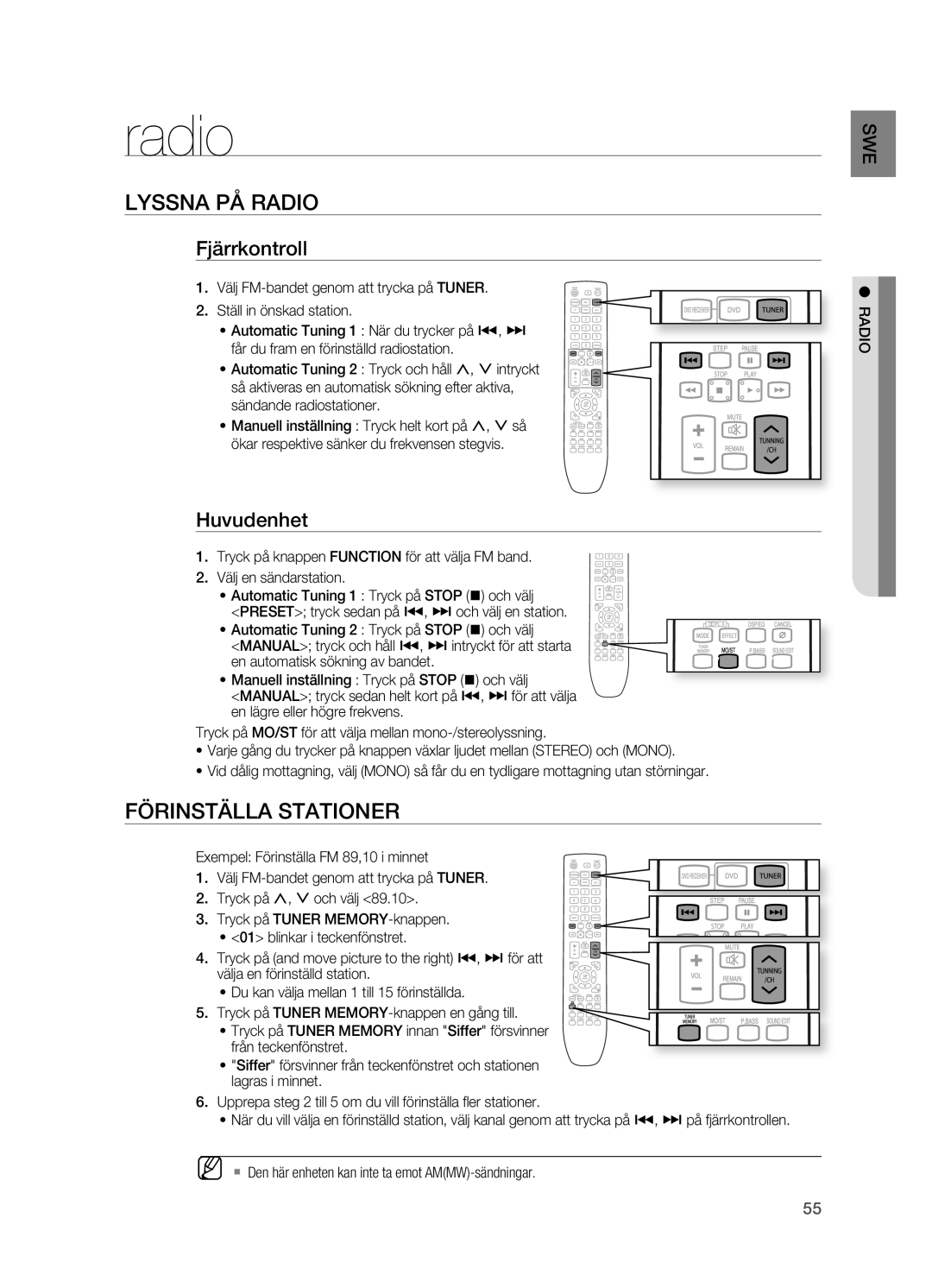 Samsung HT-X625T/XEE manual Lyssna PÅ Radio, FÖRINSTäLLA Stationer, Fjärrkontroll, Huvudenhet 