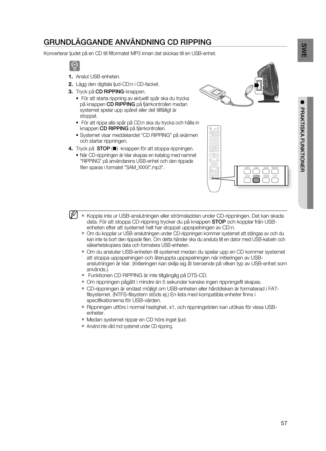 Samsung HT-X625T/XEE manual GRUNDLäGGANDE ANVäNDNING CD Ripping, Praktiska Funktioner 