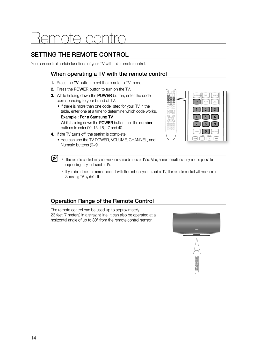 Samsung HT-X625T/XEE, HT-X625T/XET, HT-X625T/EDC Setting the rEMOTE CONTrOL, When operating a TV with the remote control 