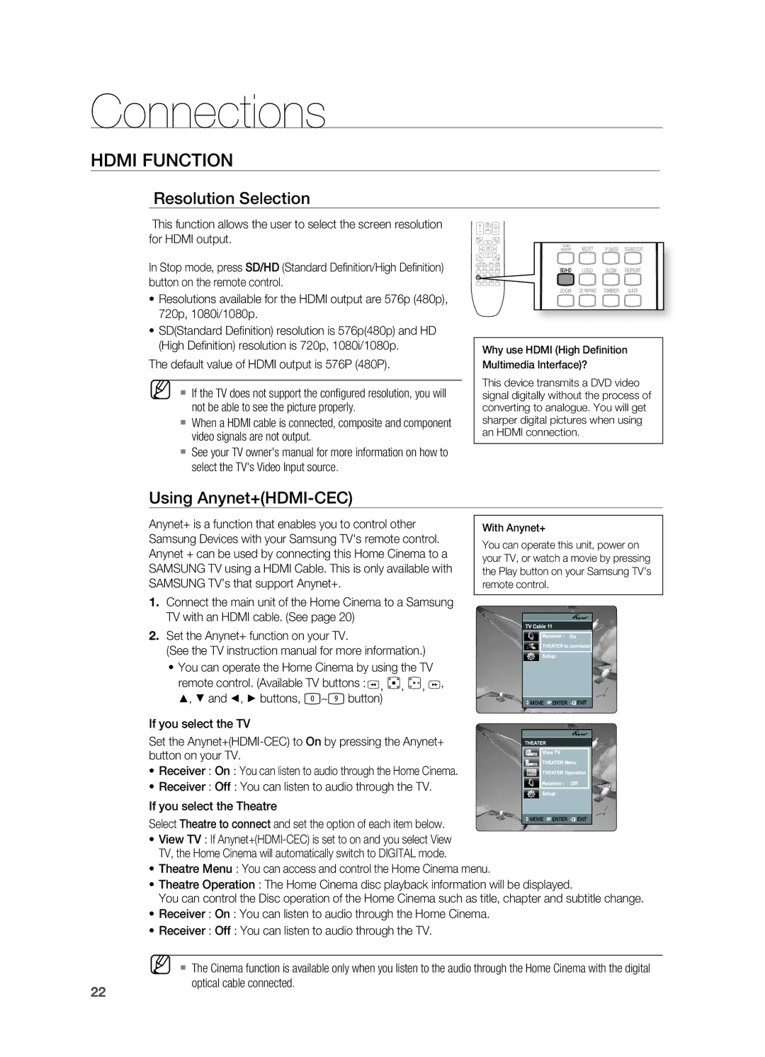 Samsung HT-X625T/EDC Hdmi Function, Resolution Selection, Using Anynet+HDMI-CEC, Default value of Hdmi output is 576P 480P 