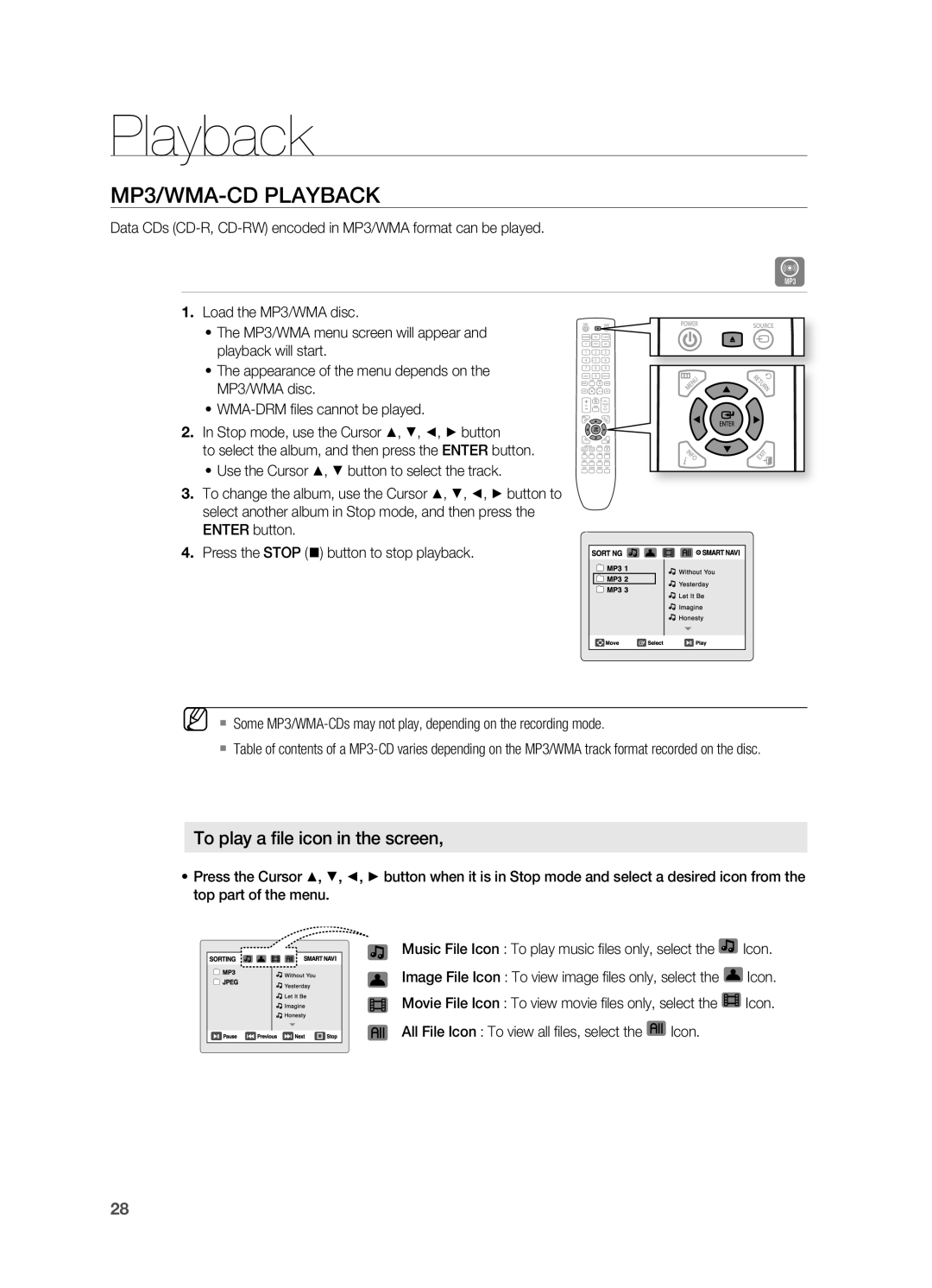 Samsung HT-X625T/EDC, HT-X625T/XET, HT-X625T/XEE manual MP3/WMA-CD Playback, To play a file icon in the screen 