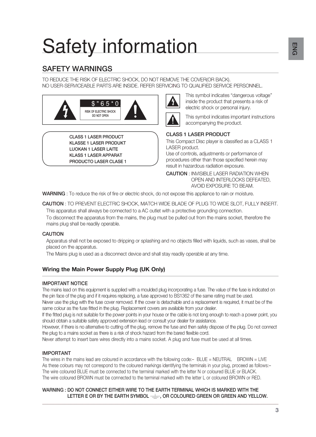 Samsung HT-X625T/XET, HT-X625T/EDC manual Safety information, Safety Warnings, Class 1 Laser Product, Important Notice 