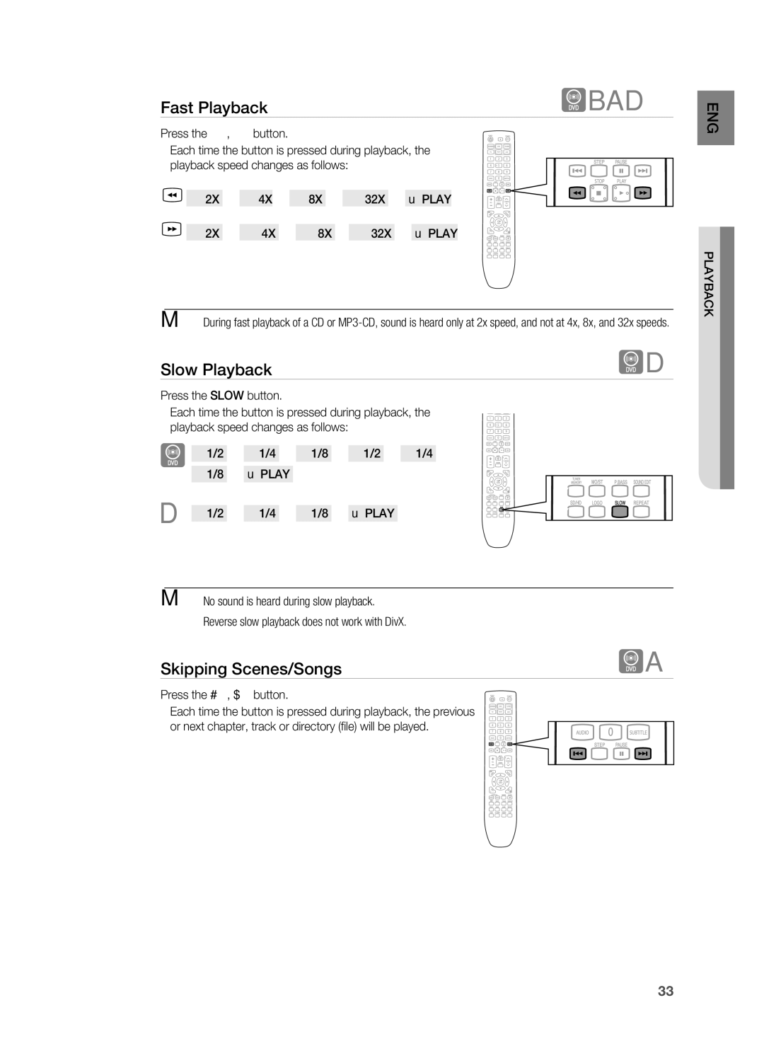 Samsung HT-X625T/XET, HT-X625T/EDC manual Slow Playback, Skipping Scenes/Songs, Press the , button, 2X 4X 8X 32X  Play 