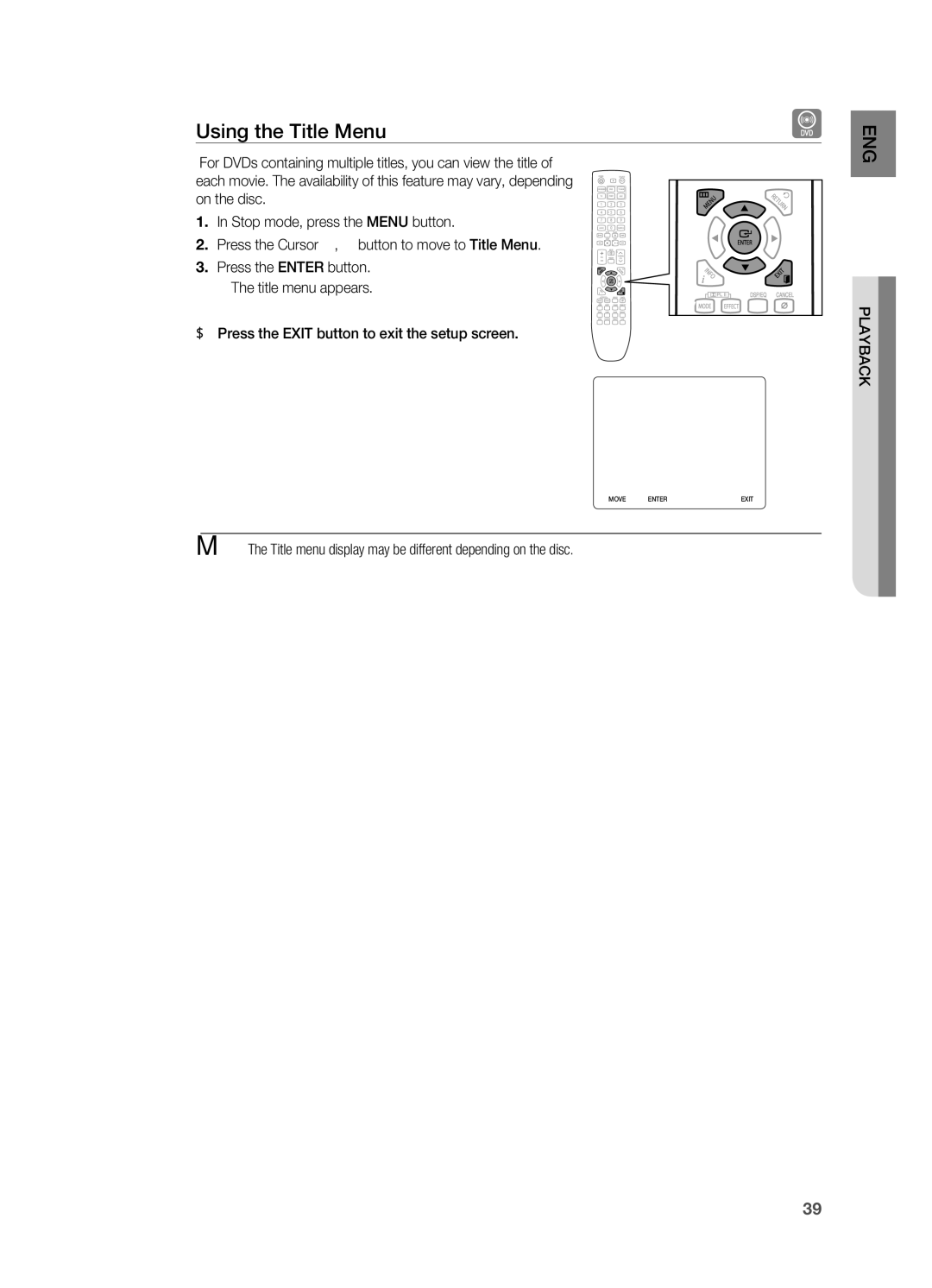 Samsung HT-X625T/XET, HT-X625T/EDC, HT-X625T/XEE manual Using the Title Menu 