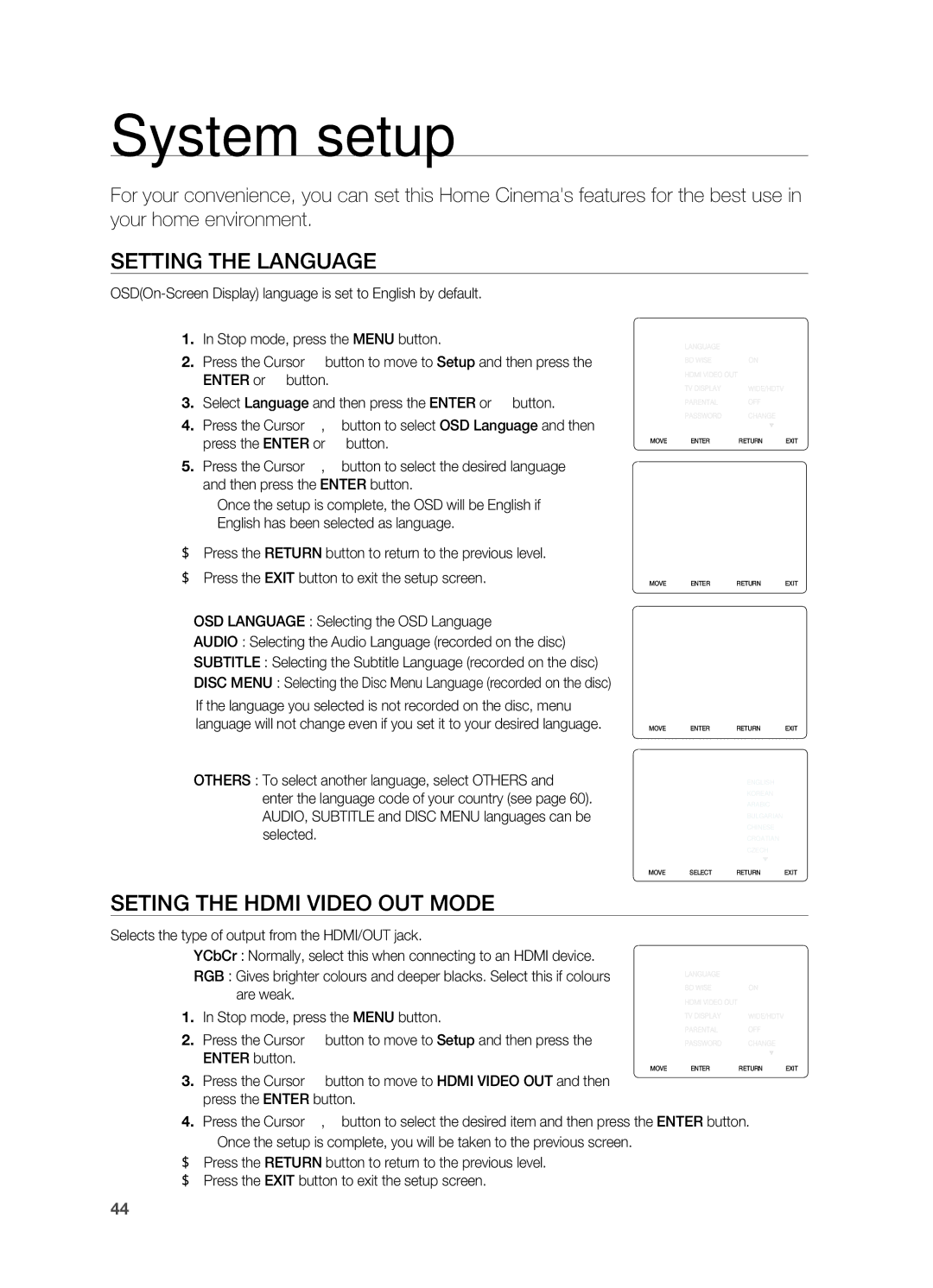 Samsung HT-X625T/XEE, HT-X625T/XET, HT-X625T/EDC manual System setup, Setting the Language, Seting the Hdmi Video OUT Mode 