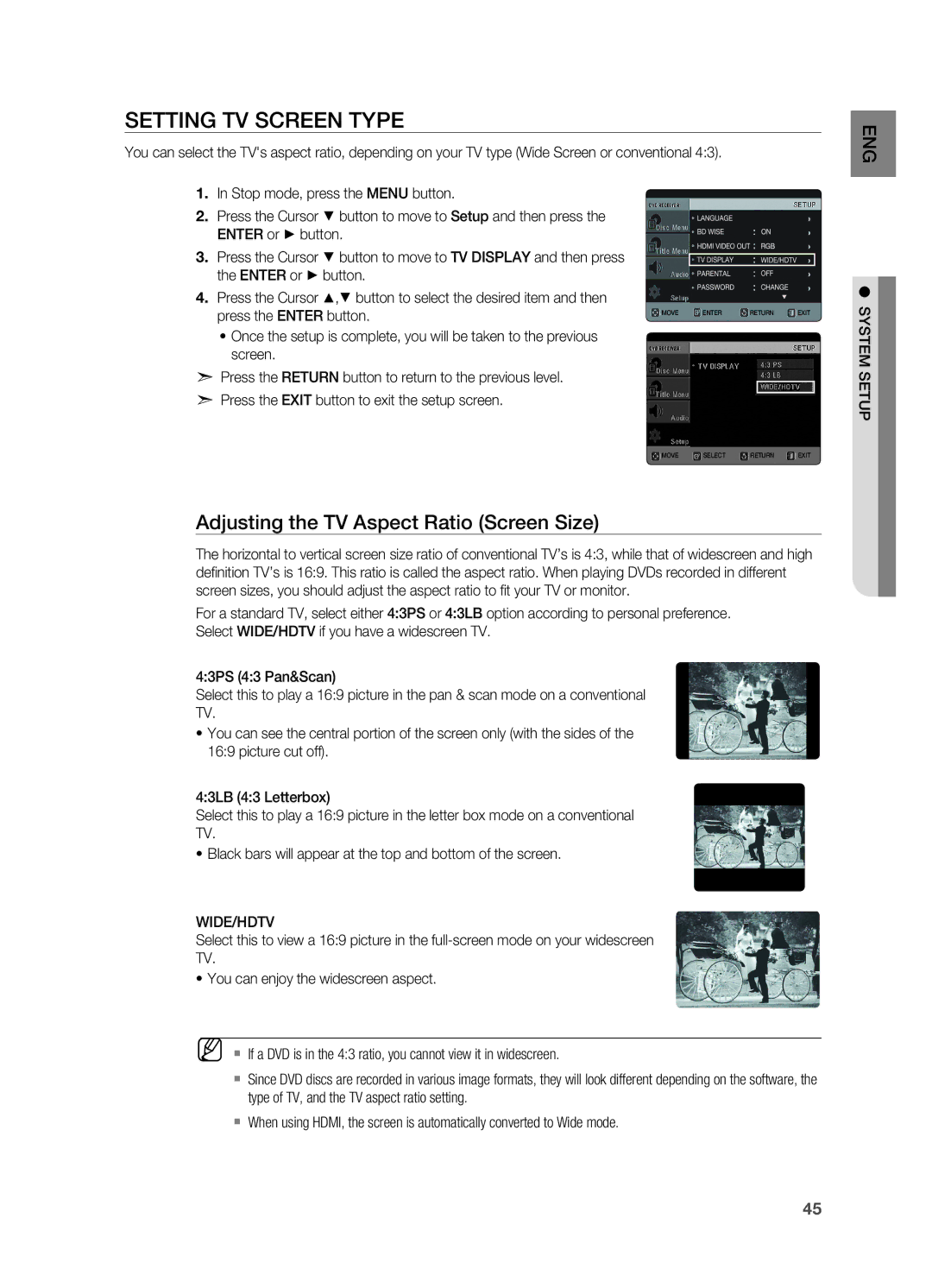 Samsung HT-X625T/XET manual Setting TV Screen Type, Adjusting the TV Aspect Ratio Screen Size, Wide/Hdtv, System setup 