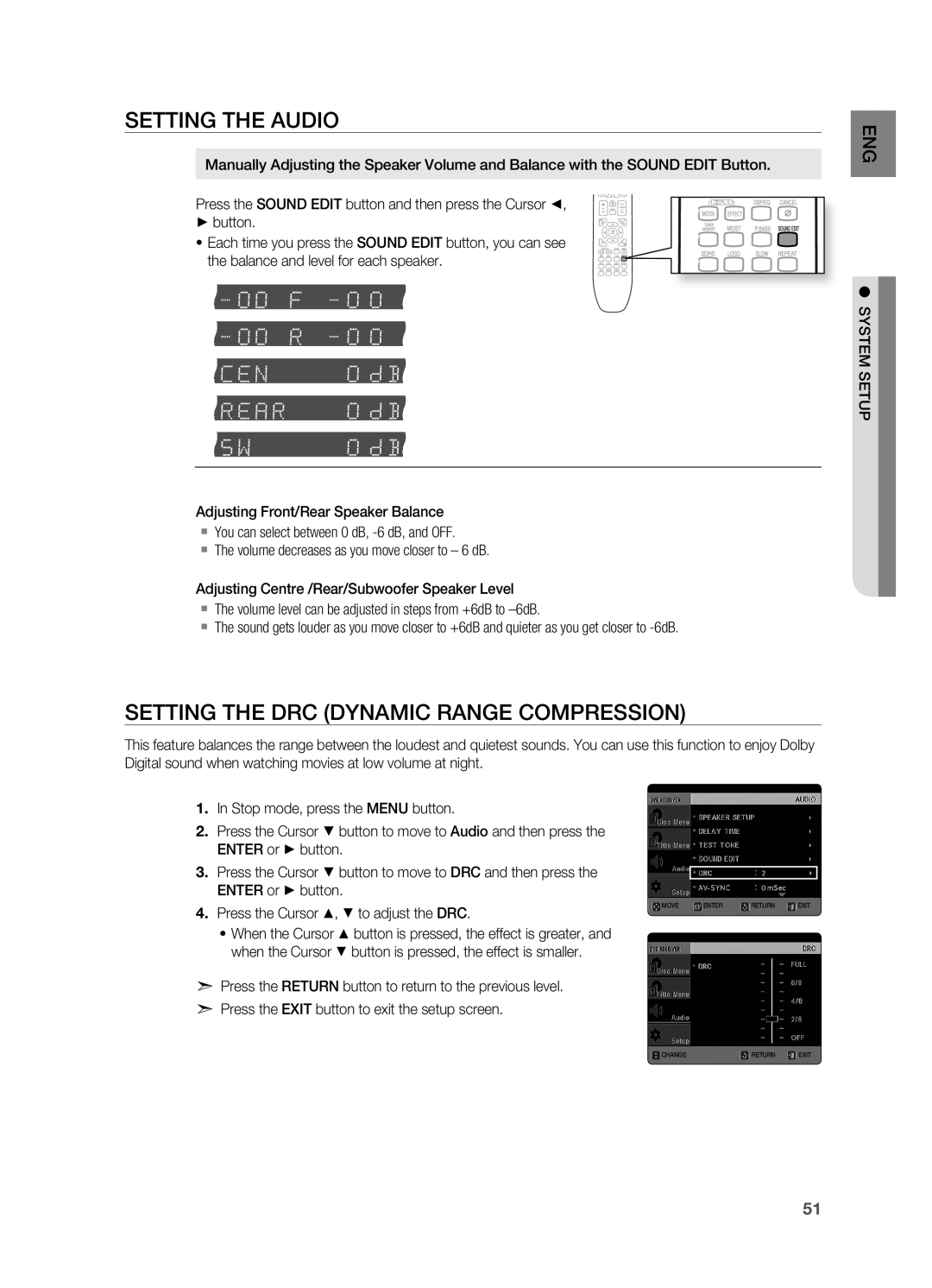 Samsung HT-X625T/XET, HT-X625T/EDC, HT-X625T/XEE Setting the Audio, Setting the DrC Dynamic rANGE COMPrESSION, System Setup 