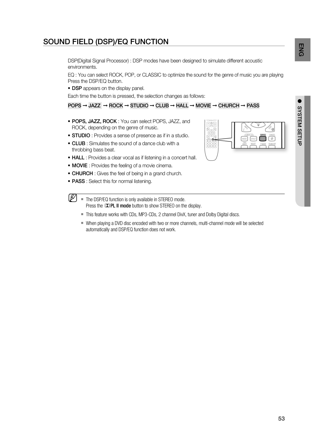 Samsung HT-X625T/XEE, HT-X625T/XET, HT-X625T/EDC manual Sound Field DSP/EQ Function 