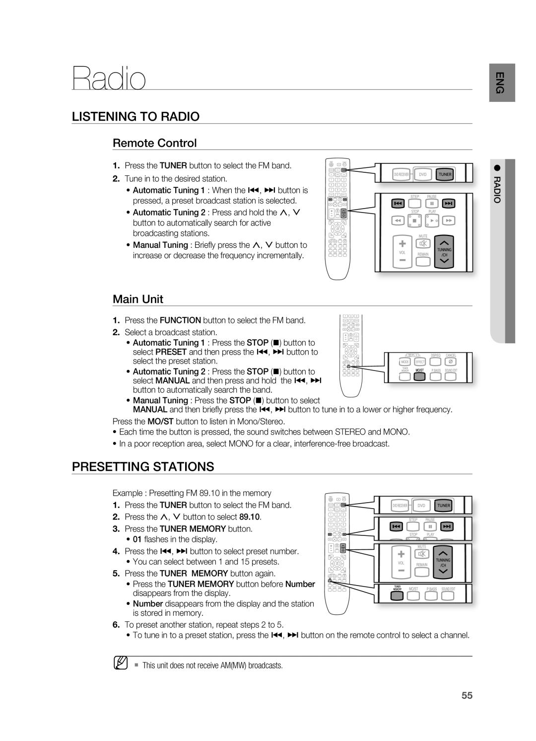 Samsung HT-X625T/EDC, HT-X625T/XET, HT-X625T/XEE Radio, Listening to rADIO, PrESETTING Stations, Remote Control, Main Unit 