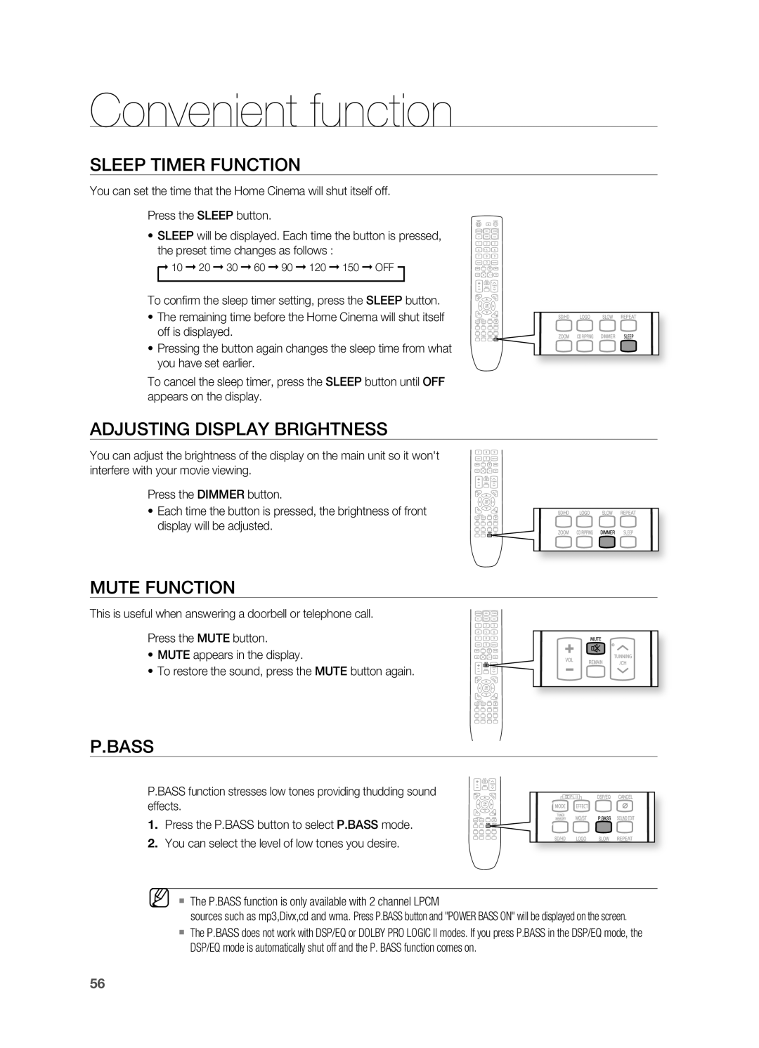 Samsung HT-X625T/XEE manual Convenient function, Sleep TIMEr Function, Adjusting Display BrIGHTNESS, Mute Function, Bass 