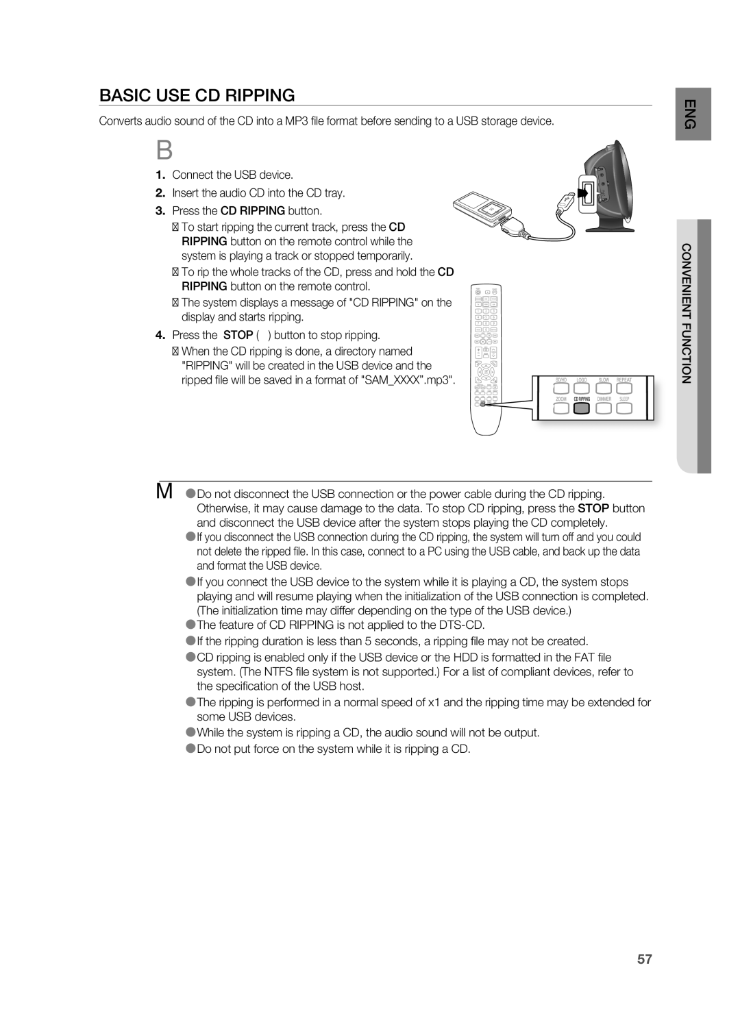 Samsung HT-X625T/XET, HT-X625T/EDC, HT-X625T/XEE manual Basic USE CD rIPPING, Convenient Function 