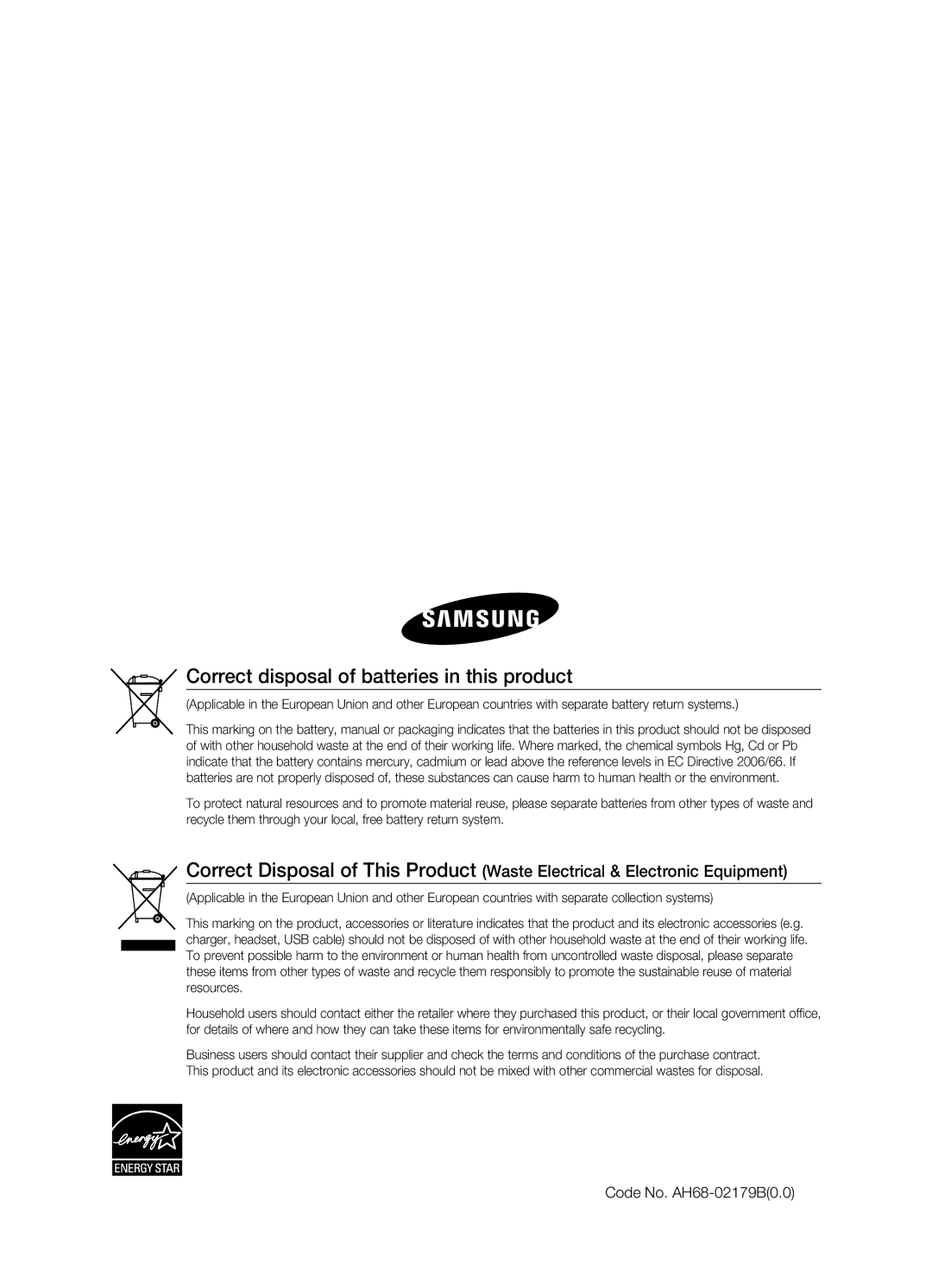 Samsung HT-X625T/XEE, HT-X625T/XET, HT-X625T/EDC Correct disposal of batteries in this product, Code No. AH68-02179B0.0 