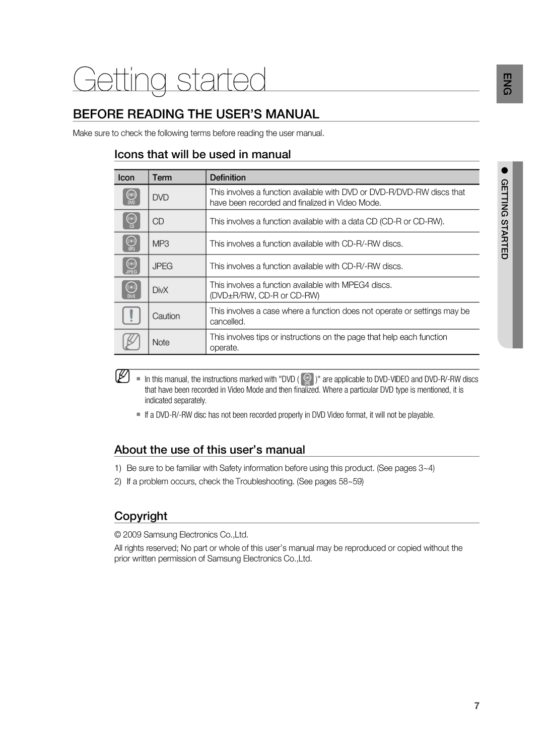 Samsung HT-X625T/EDC Getting started, Before Reading the User’s Manual, Icons that will be used in manual, Copyright 