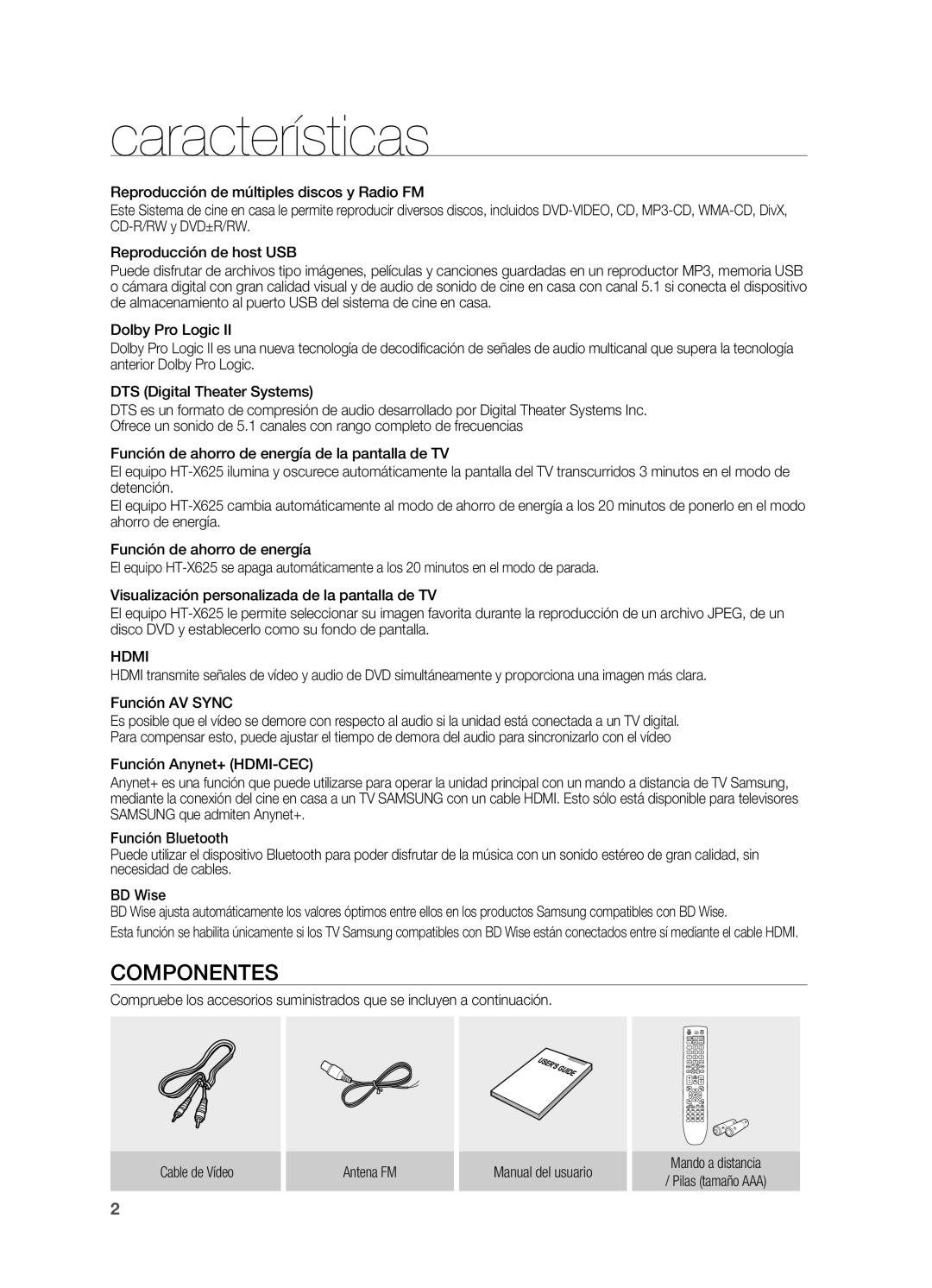 Samsung HT-X625T/XET, HT-X625T/EDC manual Características, Componentes, Hdmi 