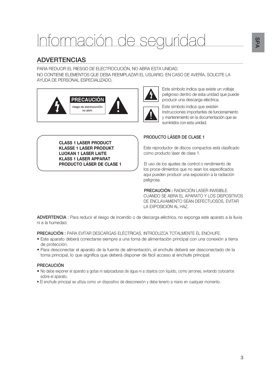 Samsung HT-X625T/EDC, HT-X625T/XET manual Información de seguridad, Advertencias, Producto Láser DE Clase, Precaución 