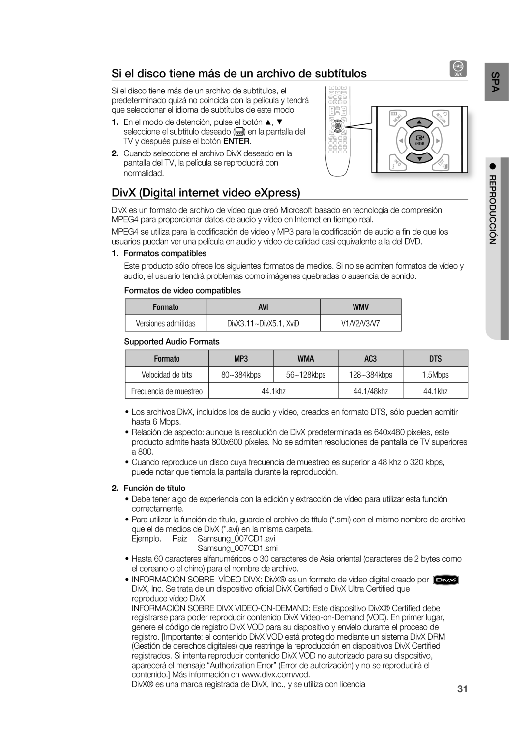 Samsung HT-X625T/EDC Si el disco tiene más de un archivo de subtítulos, DivX Digital internet video eXpress, Avi Wmv, Dts 