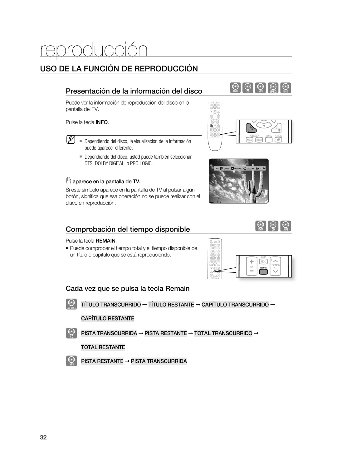 Samsung HT-X625T/XET USO DE LA Función DE Reproducción, Presentación de la información del disco, Pulse la tecla Remain 