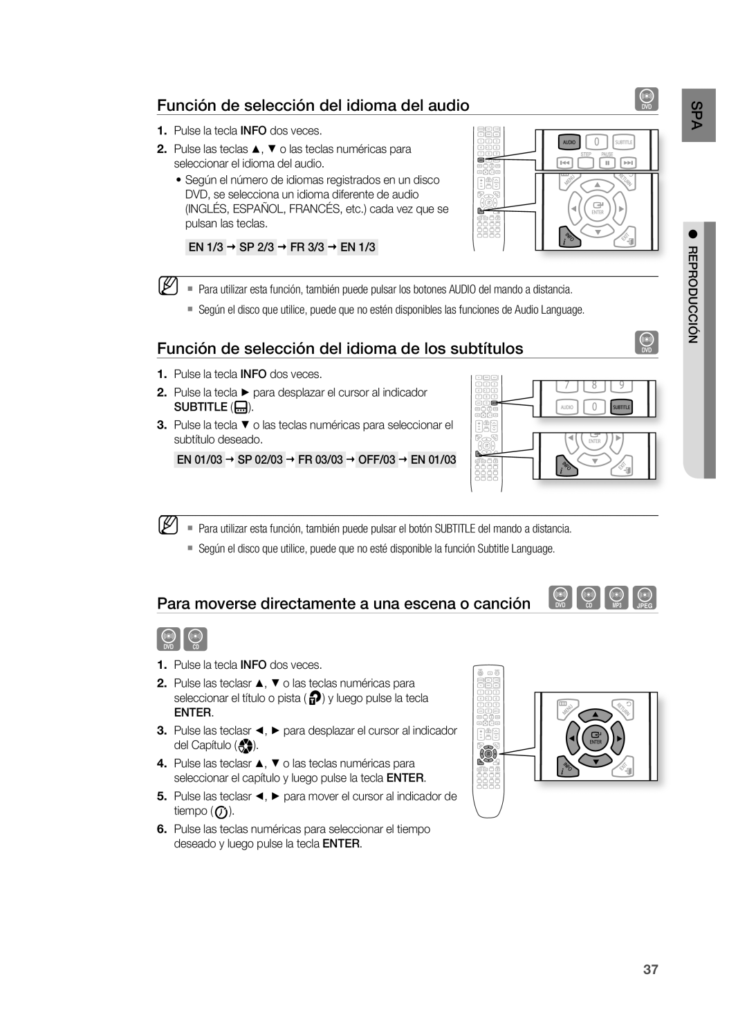 Samsung HT-X625T/EDC manual Función de selección del idioma del audio, Función de selección del idioma de los subtítulos 