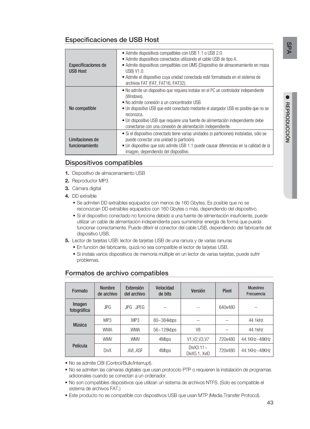 Samsung HT-X625T/EDC, HT-X625T/XET Especificaciones de USB Host, Dispositivos compatibles, Formatos de archivo compatibles 