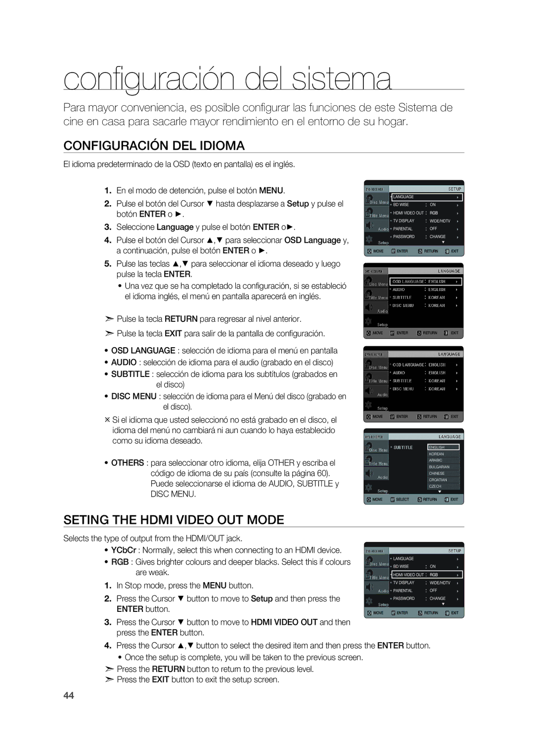 Samsung HT-X625T/XET manual Configuración del sistema, Configuración del idioma, Seting the Hdmi Video OUT Mode, Disc Menu 