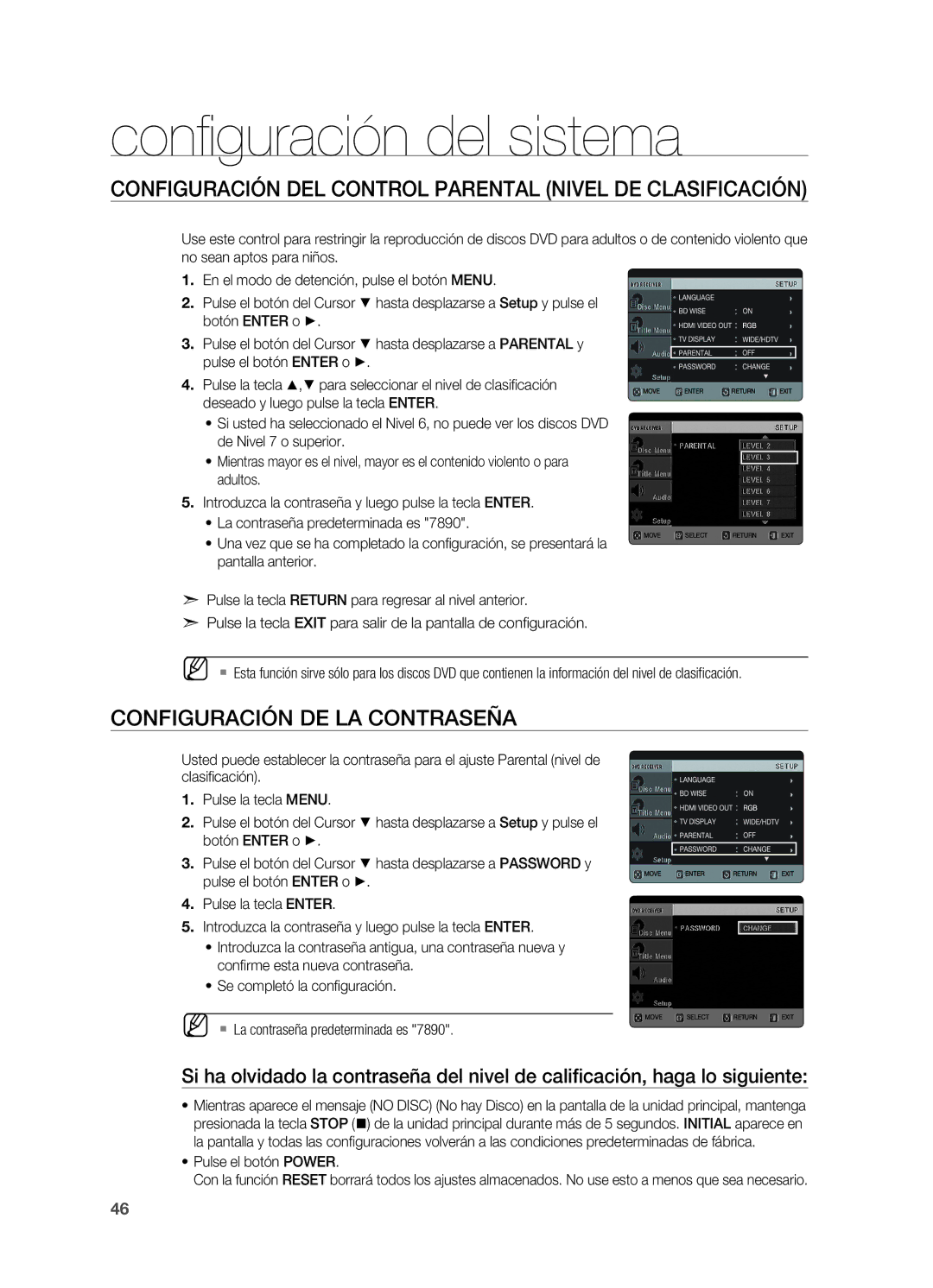 Samsung HT-X625T/XET manual Configuración del control parental Nivel de clasificación, Configuración de la contraseña 