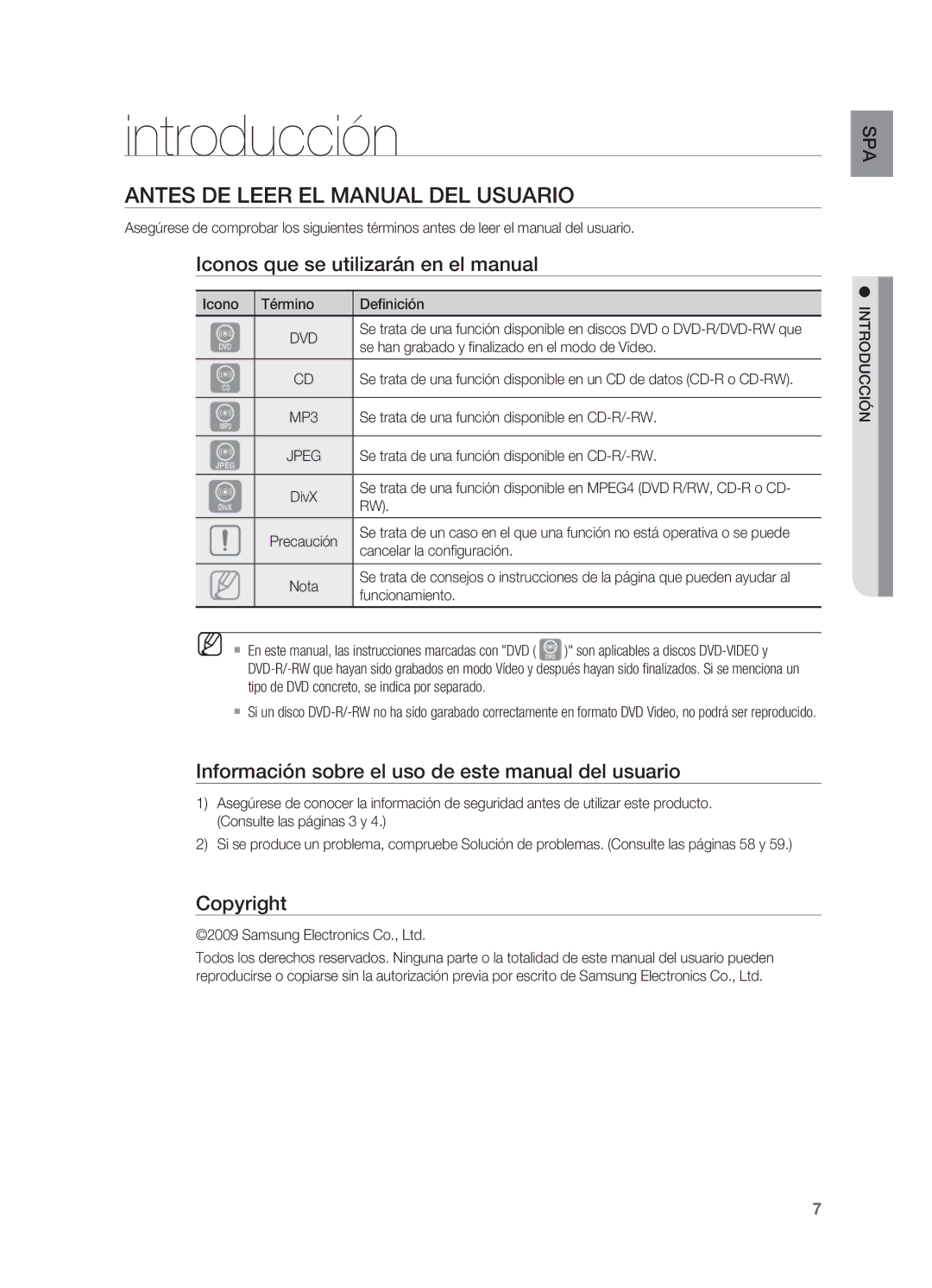 Samsung HT-X625T/EDC Introducción, Antes de leer el Manual del usuario, Iconos que se utilizarán en el manual, Copyright 