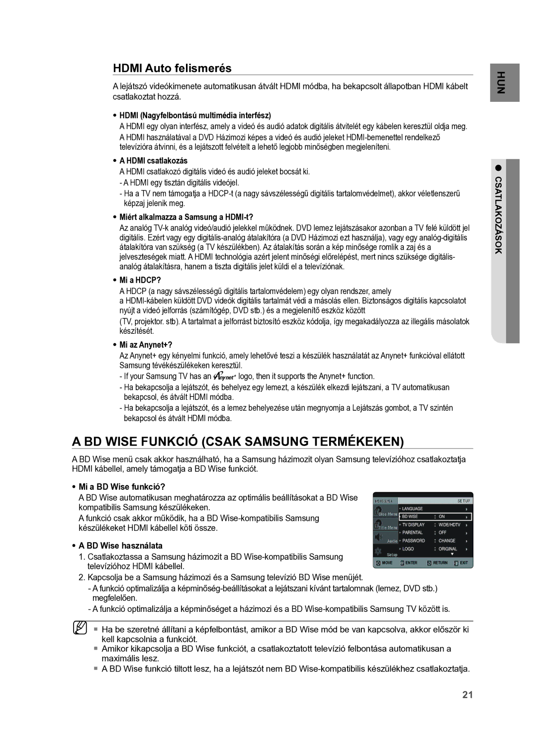 Samsung HT-X625T/EDC, HT-X625T/XET manual BD Wise funkció csak Samsung termékeken, Hdmi Auto felismerés 