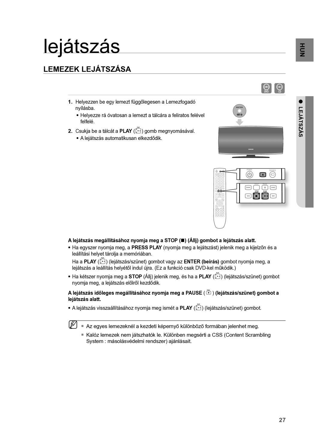 Samsung HT-X625T/EDC, HT-X625T/XET manual Lejátszás, LeMezek LejáTSzáSA 