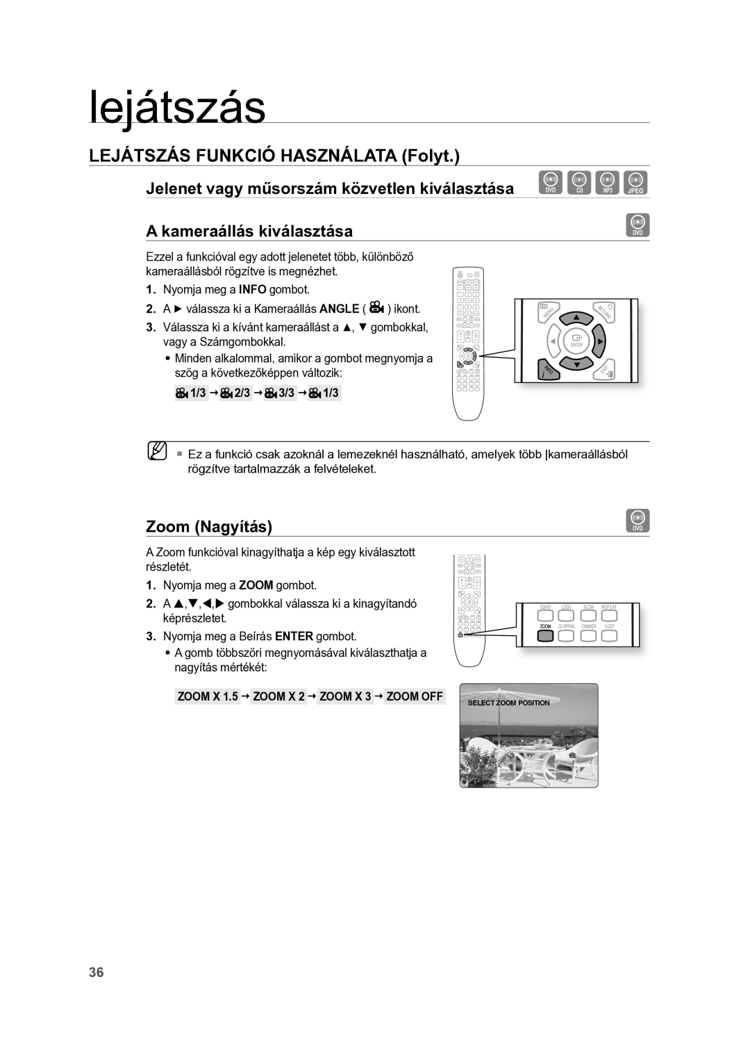 Samsung HT-X625T/XET, HT-X625T/EDC manual Zoom Nagyítás,   /  /  1/ 