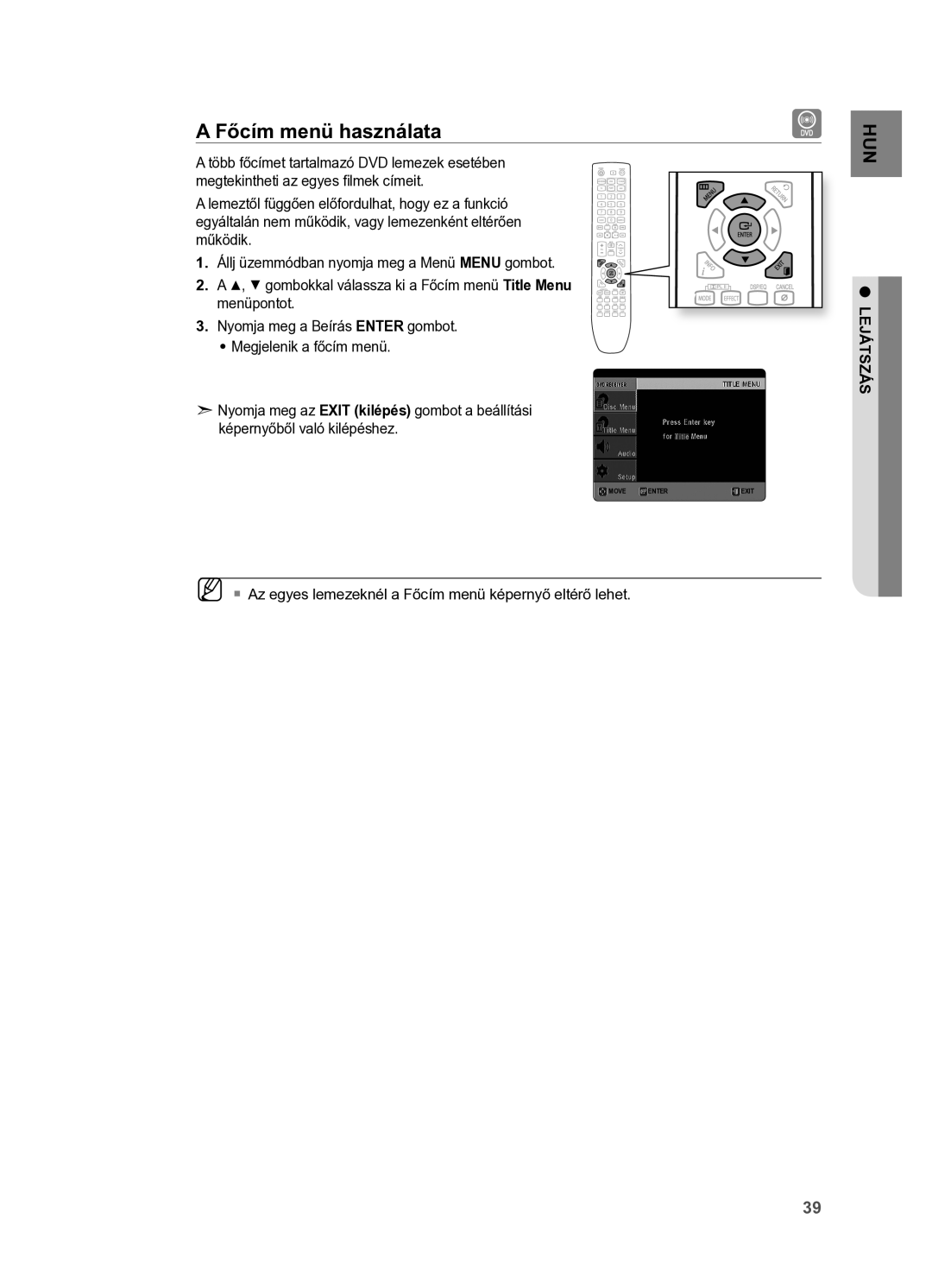 Samsung HT-X625T/EDC, HT-X625T/XET manual Főcím menü használata 