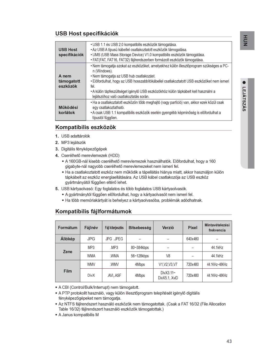 Samsung HT-X625T/EDC, HT-X625T/XET manual USB Host specifikációk, Kompatibilis eszközök, Kompatibilis fájlformátumok 