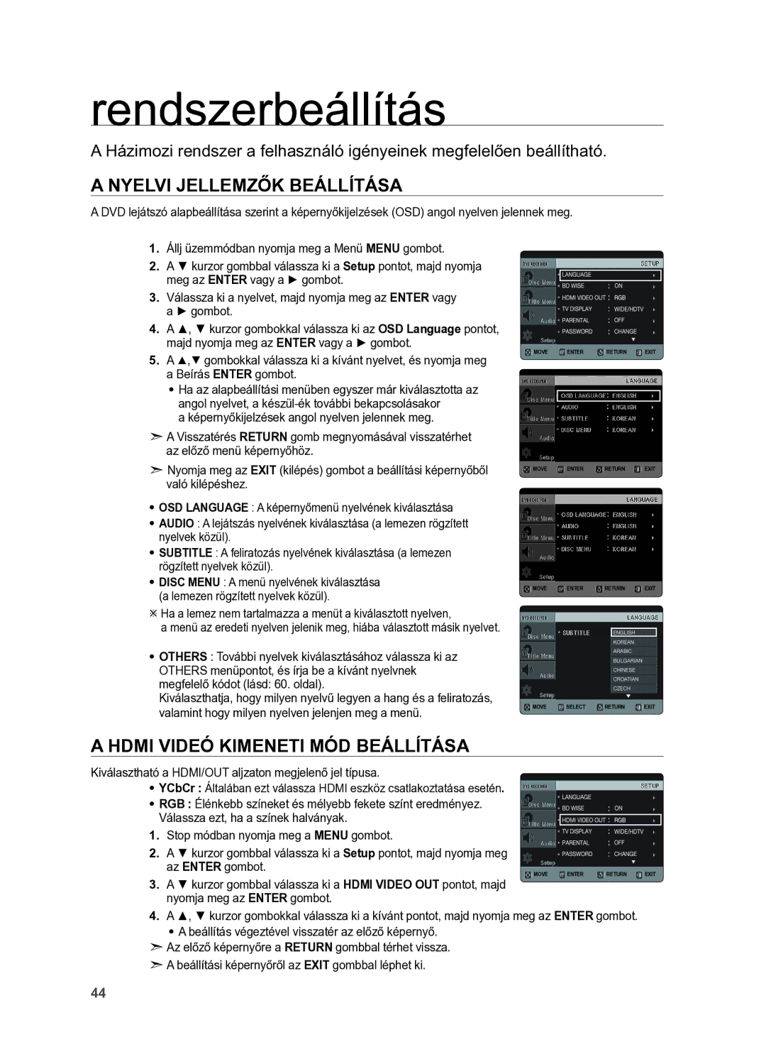 Samsung HT-X625T/XET, HT-X625T/EDC manual Rendszerbeállítás, Nyelvi jellemzők beállítása 