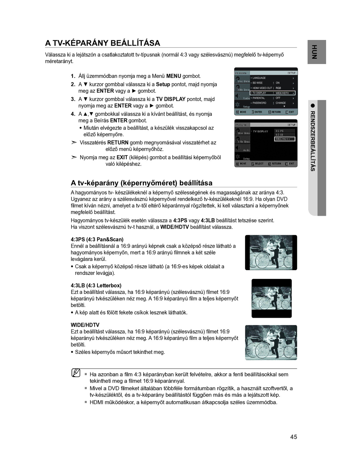 Samsung HT-X625T/EDC, HT-X625T/XET manual Tv-képarány beállítása, Tv-képarány képernyőméret beállítása 