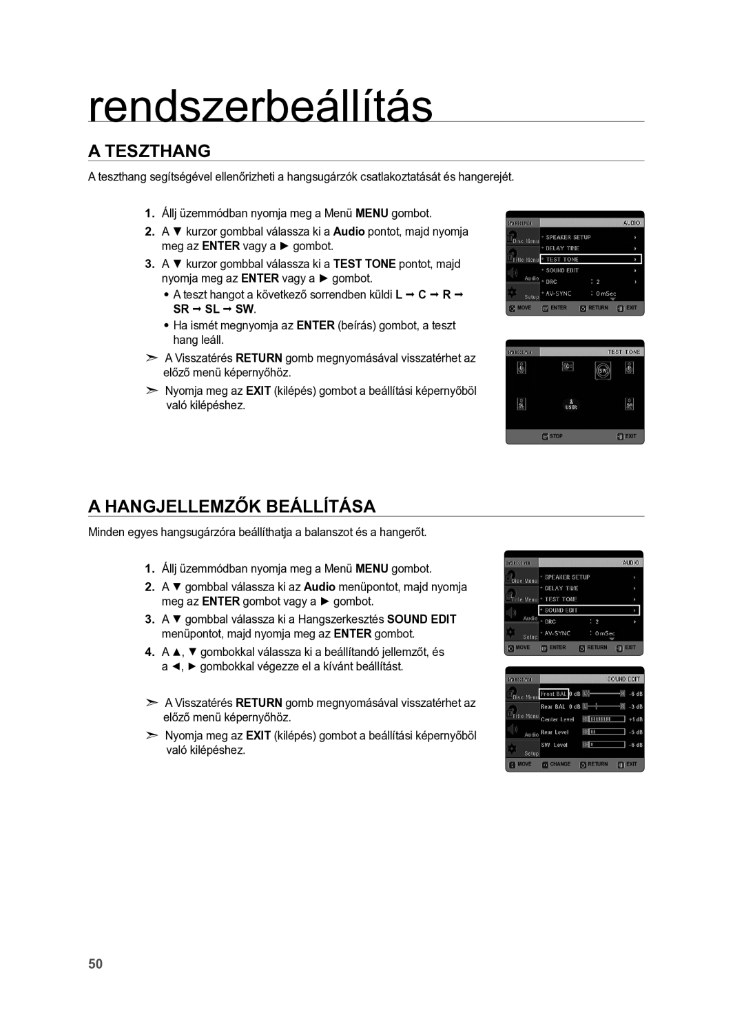 Samsung HT-X625T/XET, HT-X625T/EDC manual Teszthang, Hangjellemzők beállítása, Sr  Sl  Sw 