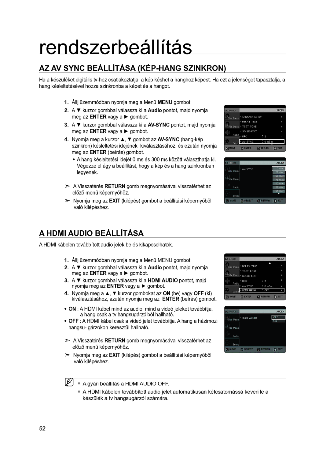 Samsung HT-X625T/XET, HT-X625T/EDC manual Az AV Sync beállítása Kép-hang szinkron, Hdmi Audio beállítása 