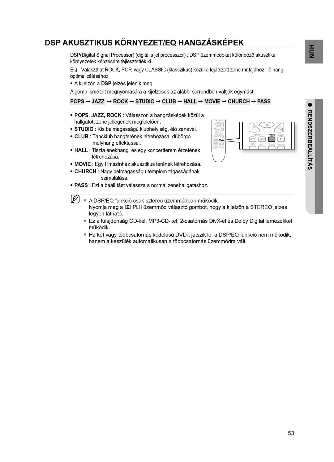 Samsung HT-X625T/EDC manual DSP AkUSzTIkUS kÖrnYezeT/eQ HAnGzáSkéPek, Pops jAzz rOCk Studio Club Hall MOVIe CHUrCH Pass 