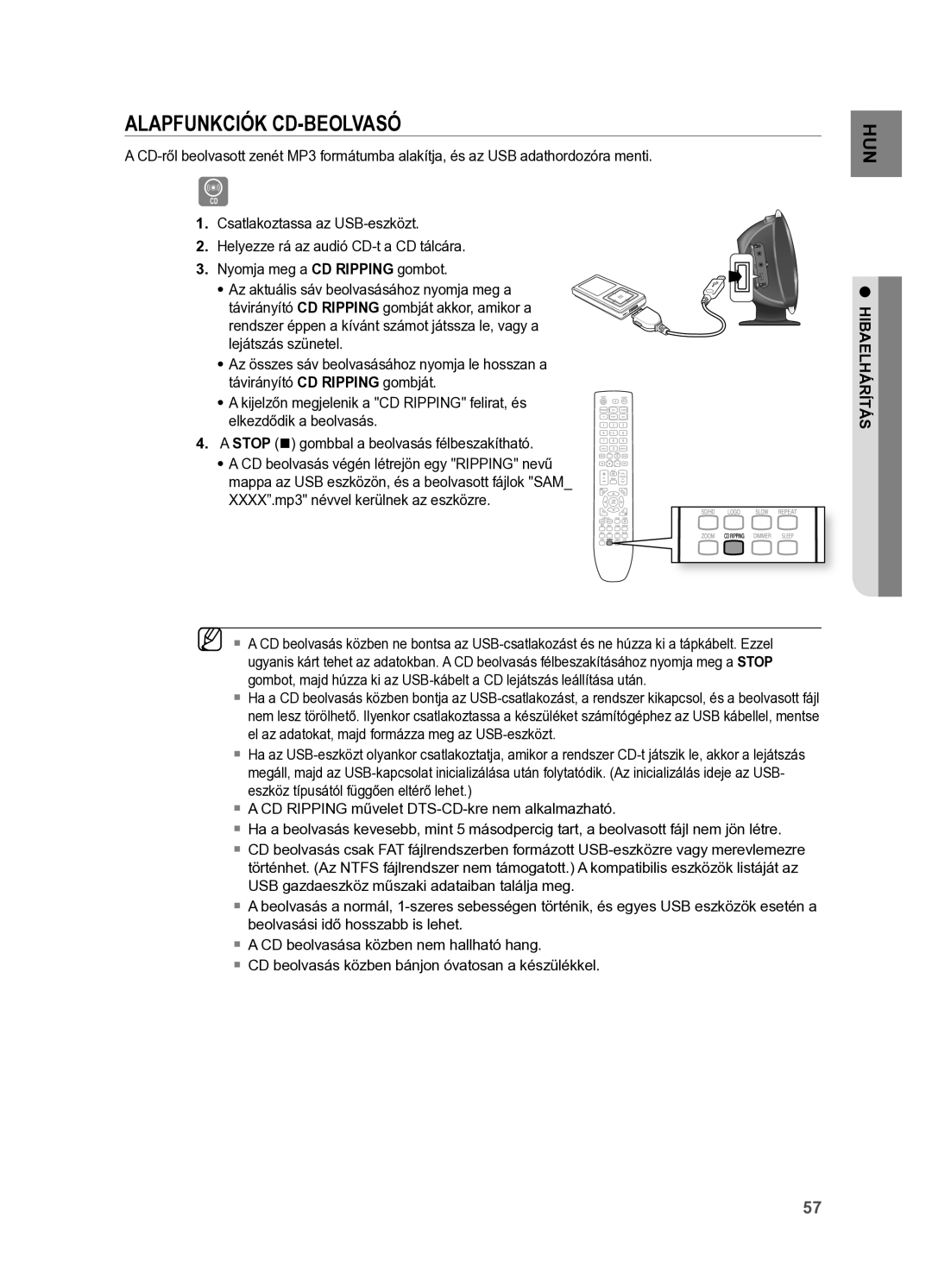 Samsung HT-X625T/EDC, HT-X625T/XET manual ALApFUnKCiÓK Cd-beOLVAsÓ, HIBAElHárítáS 