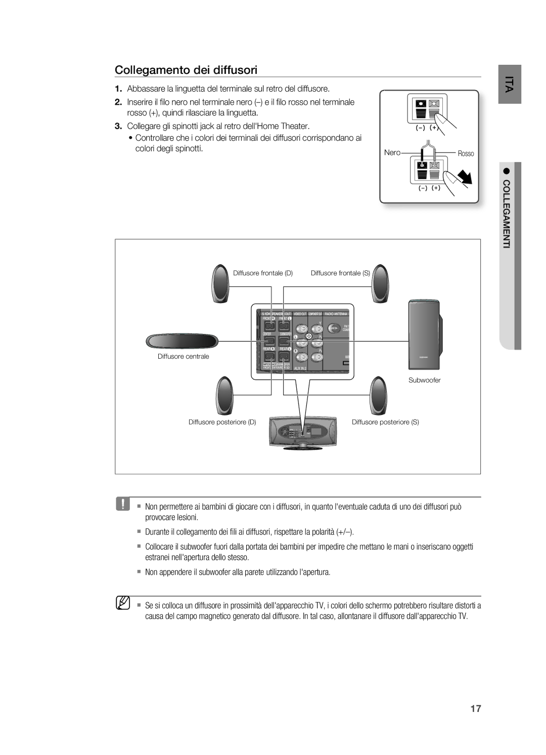 Samsung HT-X625T/XET manual Collegamento dei diffusori, Collegamenti 