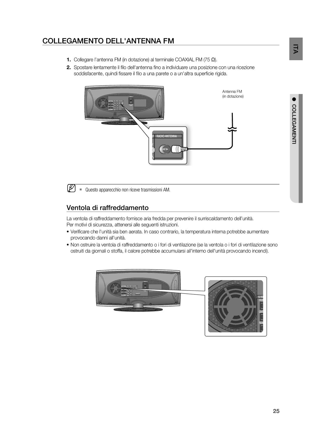 Samsung HT-X625T/XET manual Collegamento Dellantenna FM, Ventola di raffreddamento 