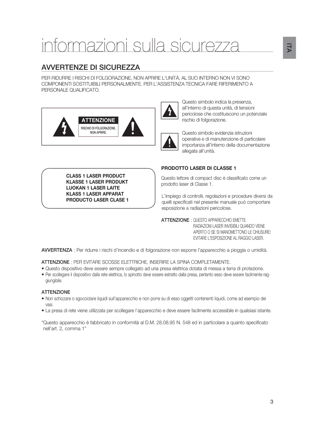 Samsung HT-X625T/XET manual Informazioni sulla sicurezza, Avvertenze DI sicurezza, Attenzione 