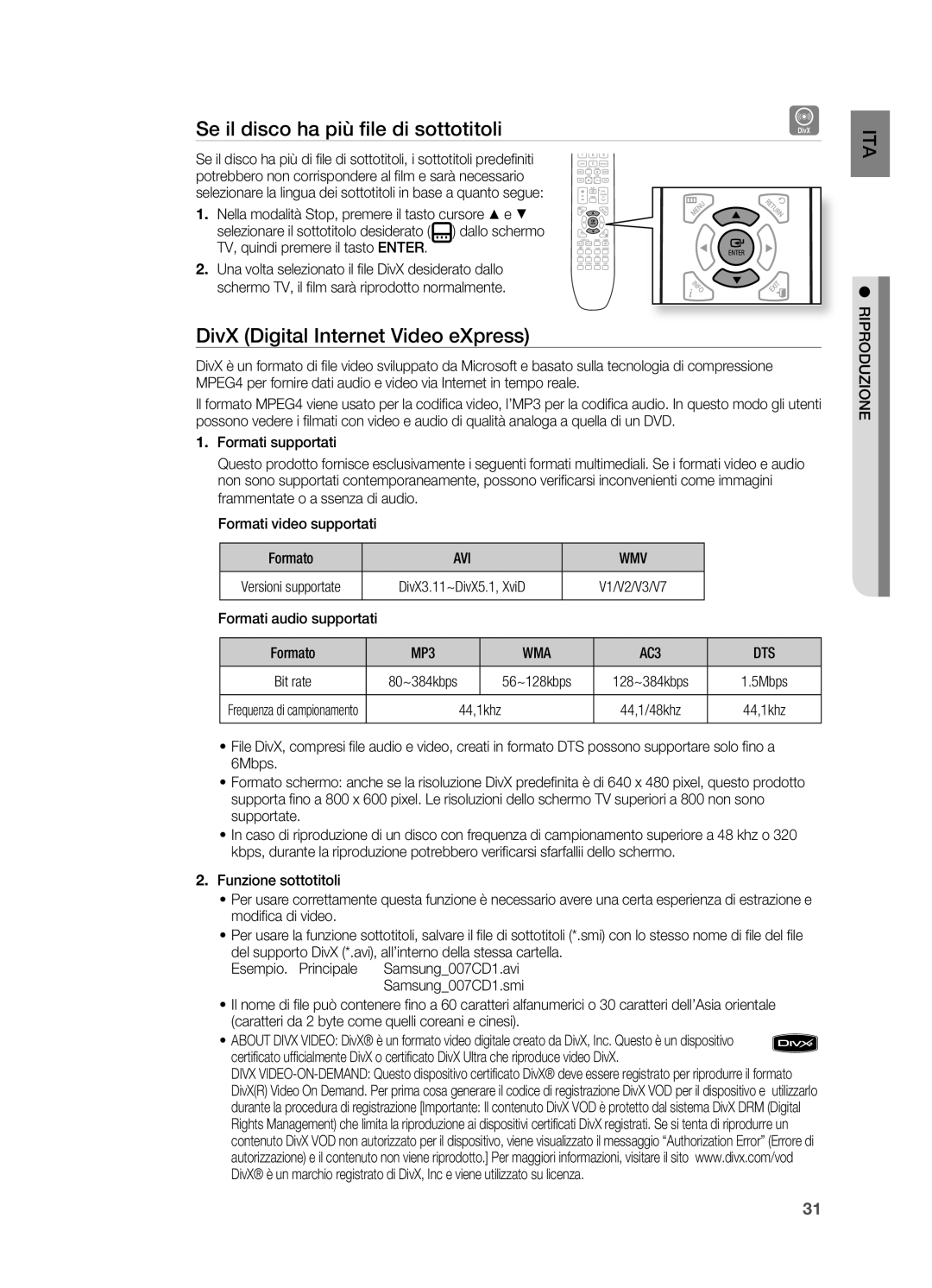 Samsung HT-X625T/XET manual Se il disco ha più fi le di sottotitoli, DivX Digital Internet Video eXpress, Avi Wmv, Dts 