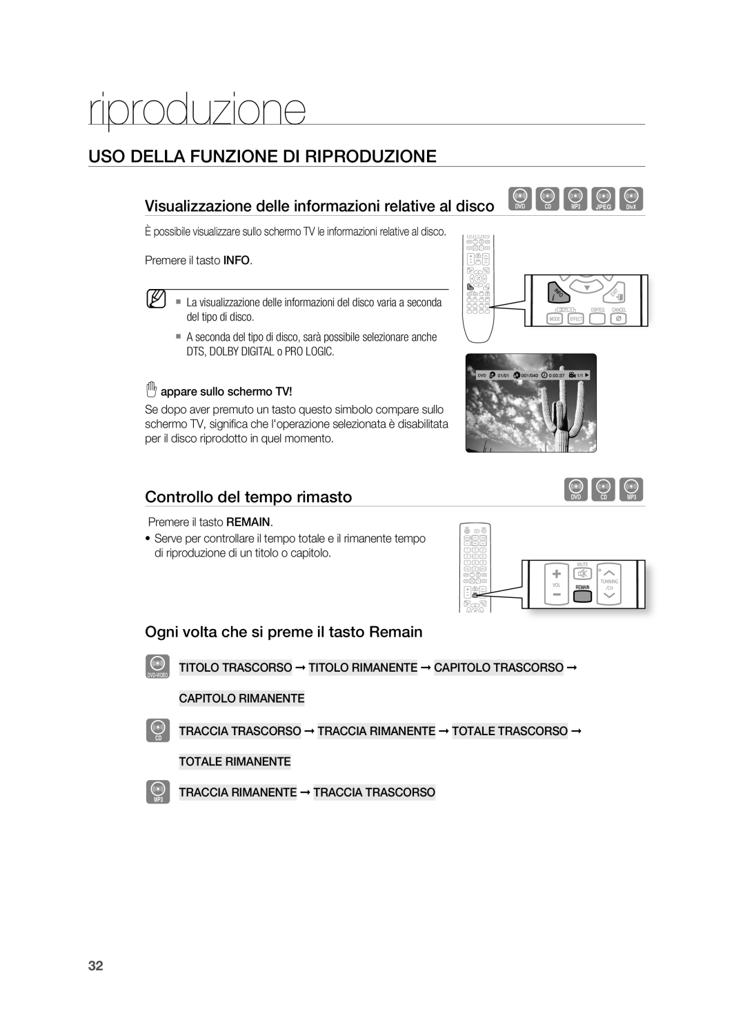 Samsung HT-X625T/XET manual USO Della Funzione DI Riproduzione, Visualizzazione delle informazioni relative al disco 