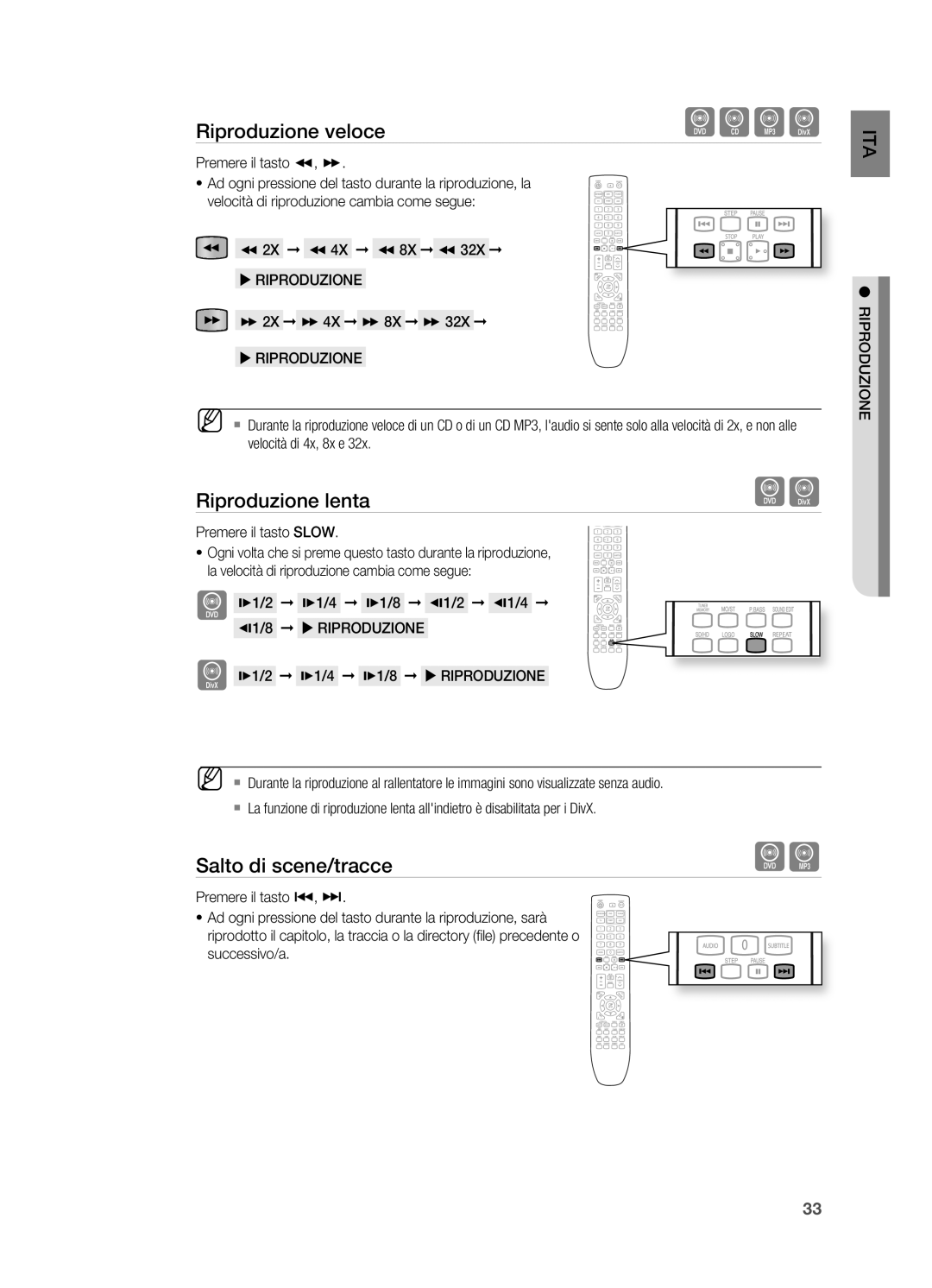 Samsung HT-X625T/XET manual Riproduzione lenta, Salto di scene/tracce, 1/8  Riproduzione 