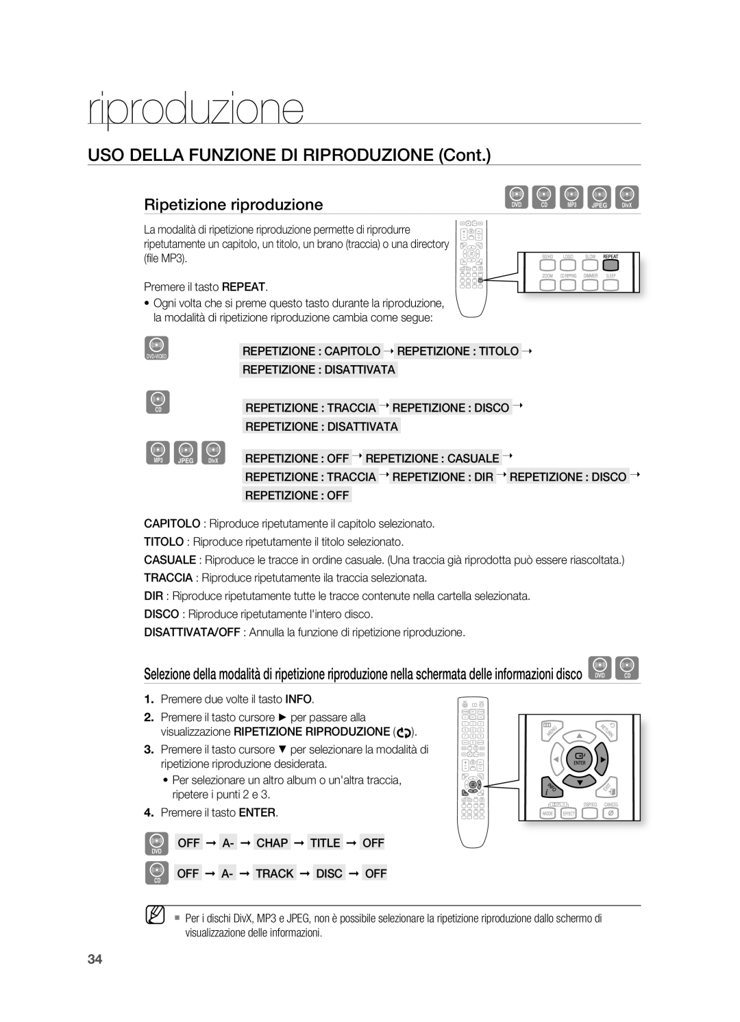 Samsung HT-X625T/XET manual USO Della Funzione DI Riproduzione, Ripetizione riproduzione 