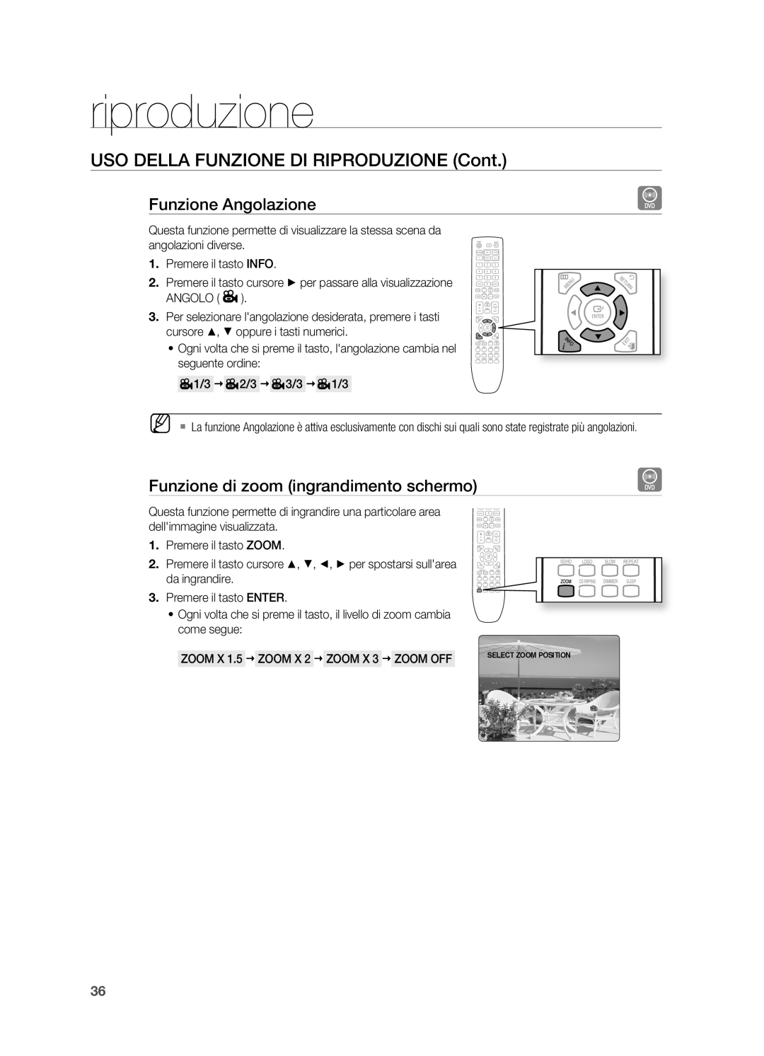 Samsung HT-X625T/XET manual Funzione Angolazione, Funzione di zoom ingrandimento schermo 